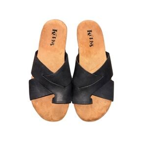 Korks Wedge Sandals Womens 9M Pre-Owned Slide Black Leather Crisscross Toe Loop